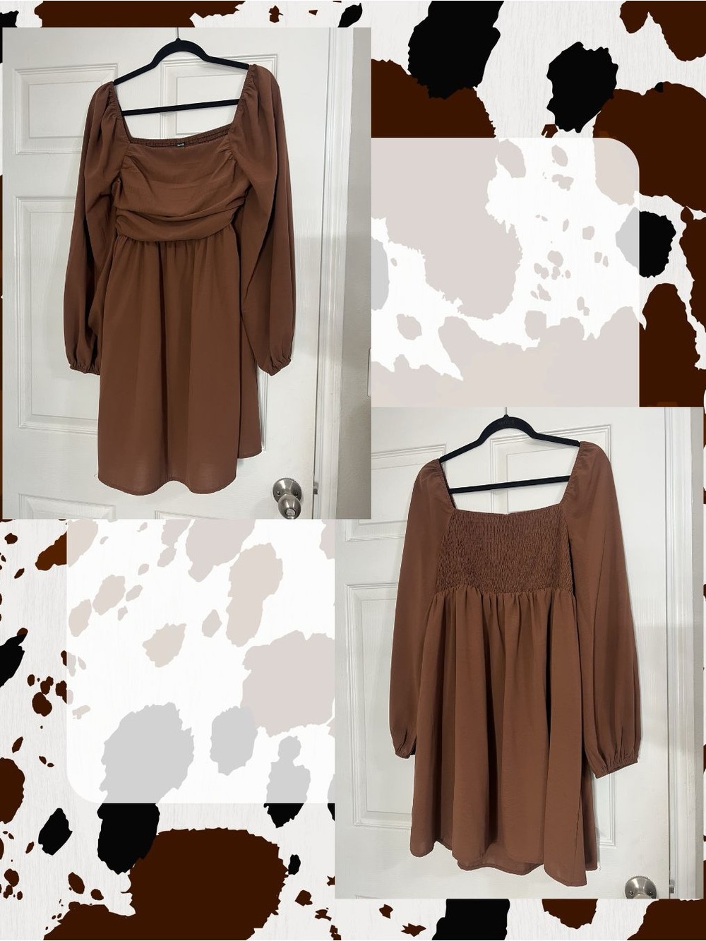 Brown Long Sleeve Square Neck Mini Dress